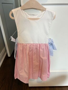 Girls White and Pink Sleeveless Dress with Blue Side Bows